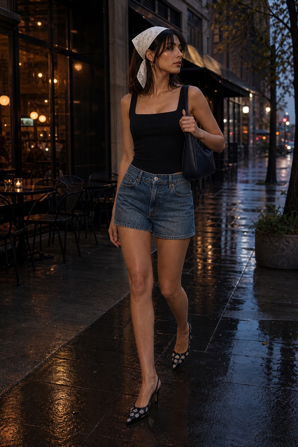 Outfit with black square neck tank top, Denim Shorts, Prada Floral-Print Leather Pump curated by @dopasnap