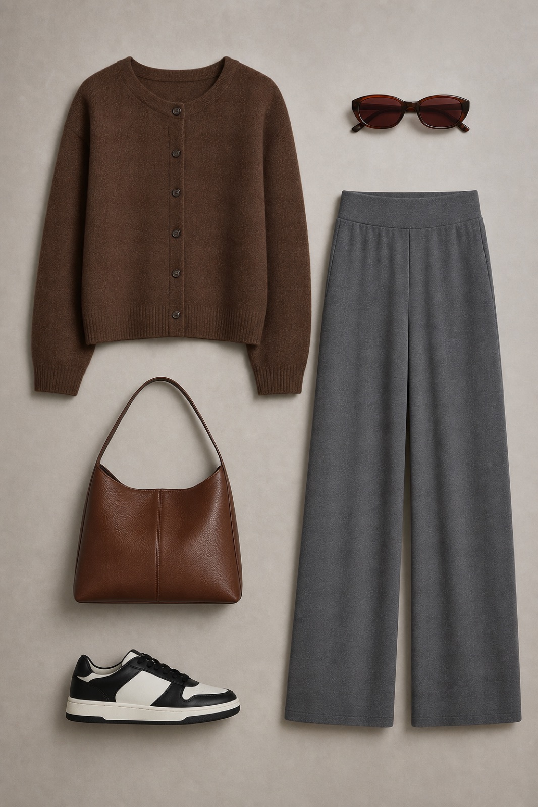 Outfit with brown button-front cardigan sweater, 2-pack high-waist wide-leg lounge pants, Black & White Sneakers curated by @dopasnap