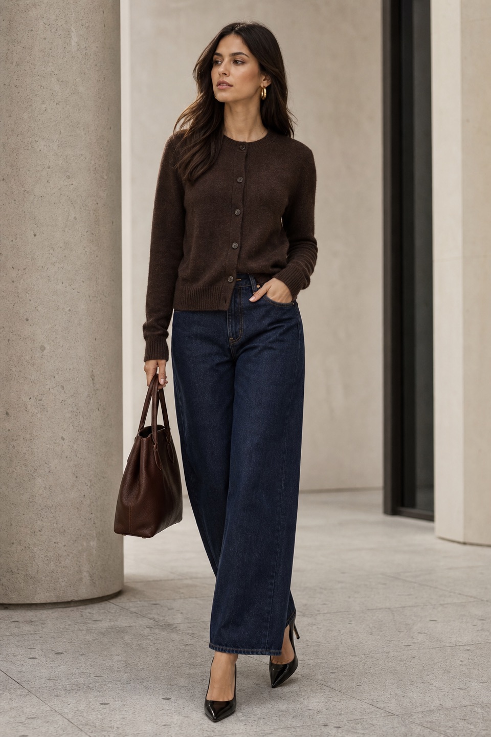 Outfit with dark brown button-front cardigan, dark blue wide-leg denim jeans, Gianvito Rossi Metallic Leather Stiletto Pump curated by @dopasnap