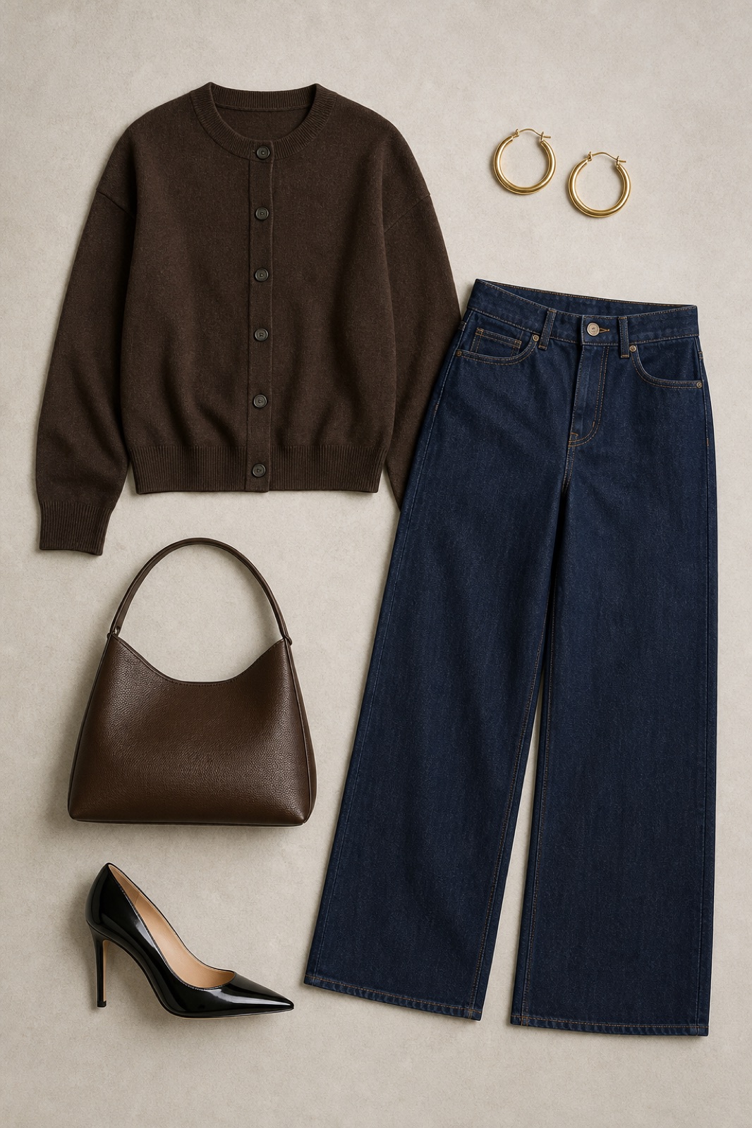 Outfit with dark brown button-front cardigan, dark blue wide-leg denim jeans, Gianvito Rossi Metallic Leather Stiletto Pump curated by @dopasnap