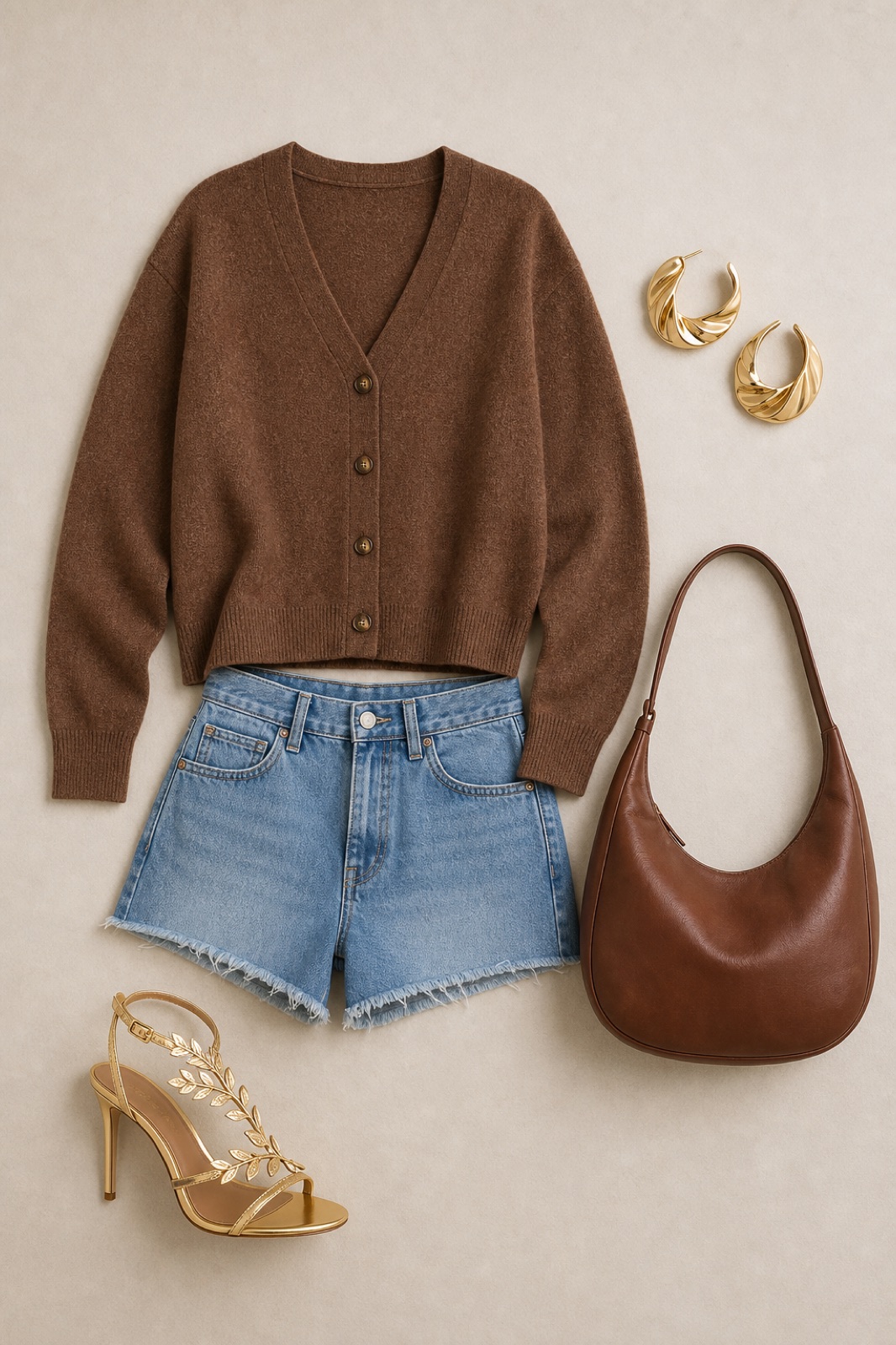 Outfit with brown button-front cardigan sweater, Denim Shorts, gold leaf-embellished stiletto sandals curated by @dopasnap