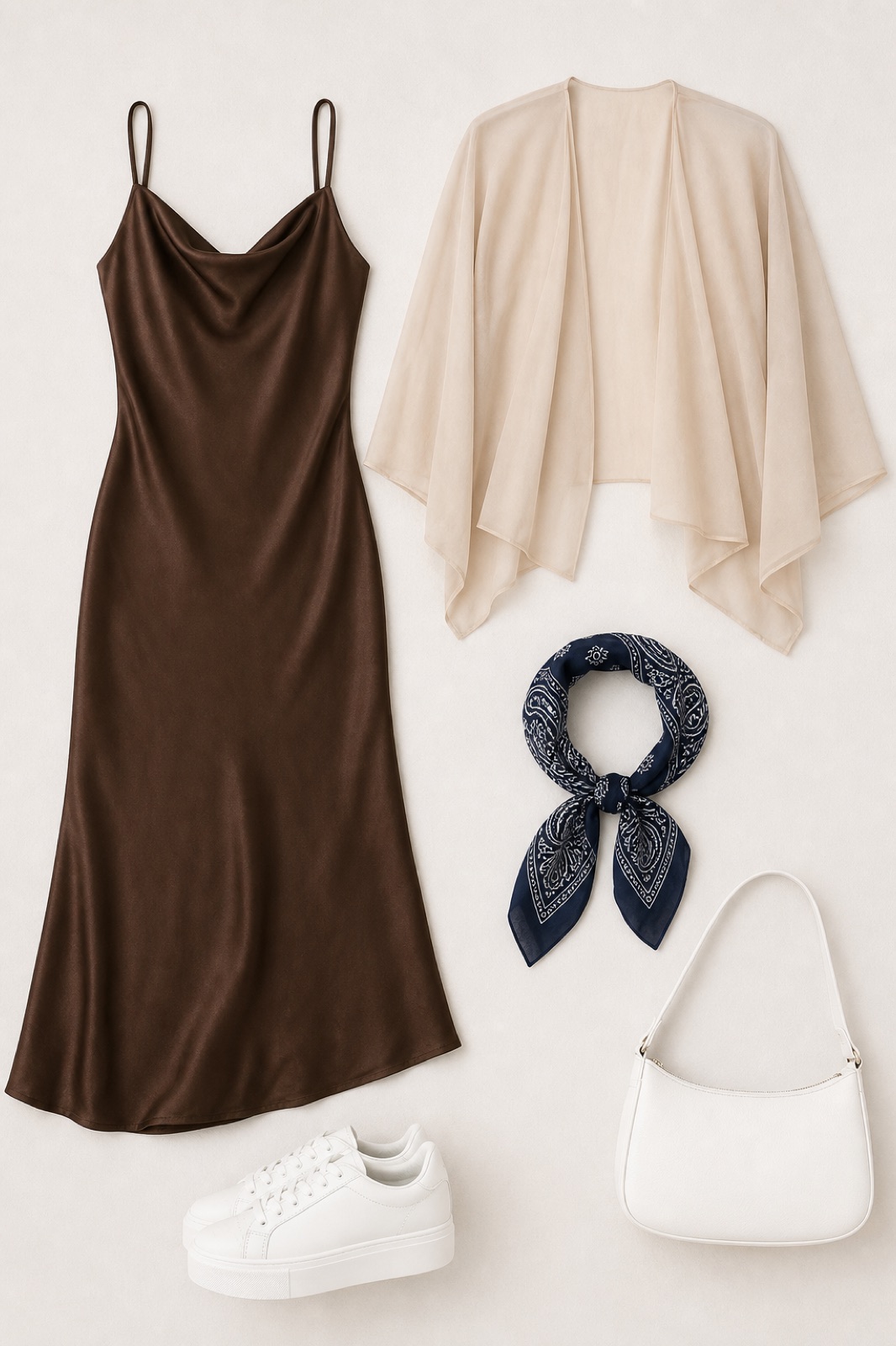 Outfit with Espresso satin slip dress, Chiffon Cape Shrug, White platform sneakers curated by @dopasnap