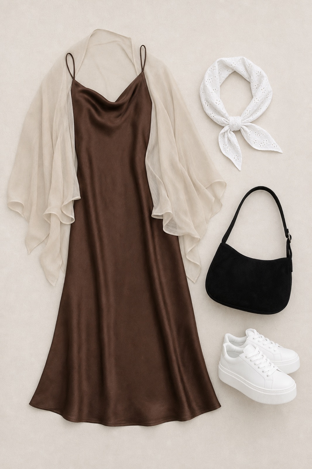 Outfit with Espresso satin slip dress, Chiffon Cape Shrug, White platform sneakers curated by @dopasnap