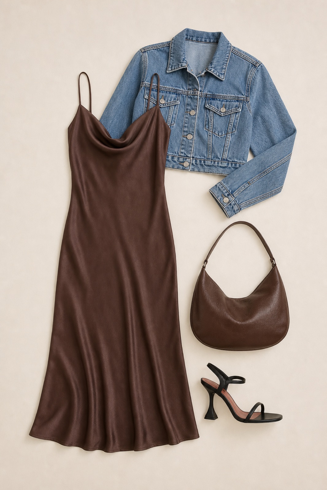 Outfit with Espresso satin slip dress, Cropped Denim Jacket, Amina Muaddi Sculptural Heel Leather Heel Sandal curated by @dopasnap
