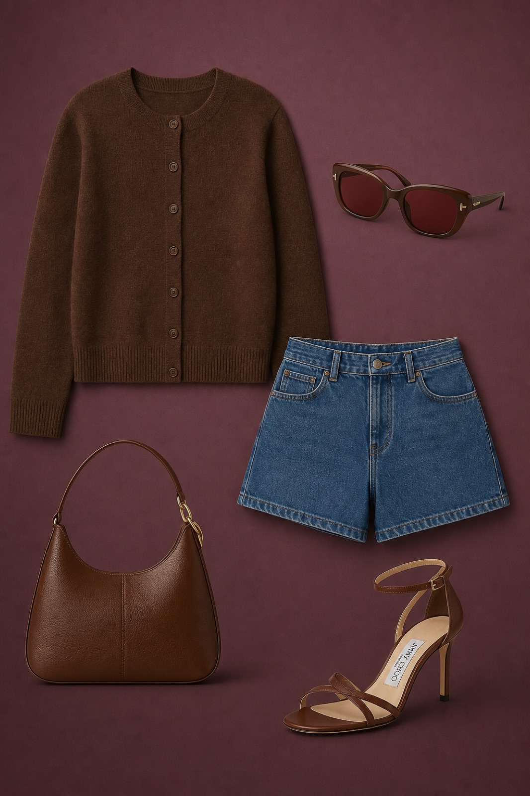 Outfit with brown button-front cardigan sweater, Denim Shorts, Jimmy Choo Rori 85 Heel Sandal curated by @dopasnap