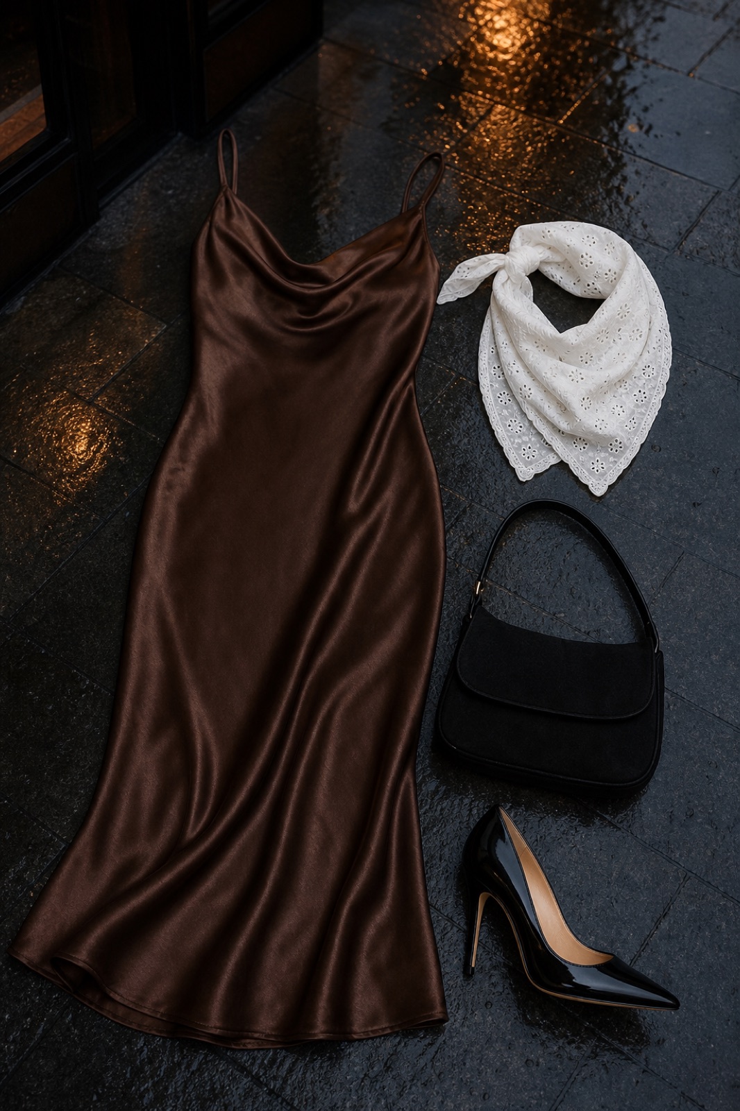 Outfit with Espresso satin slip dress, Gianvito Rossi Metallic Leather Stiletto Pump, Black Suede Shoulder Bag curated by @dopasnap
