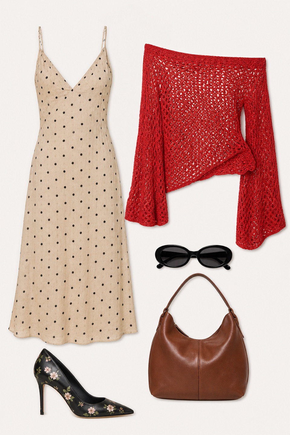 Outfit with BROVAVE Vestido de verano para mujer 2025, casual, bohemio, con lunares, tirantes delgados, cuello en V, vestido midi fluido, Red Open-Knit Off-Shoulder Crochet Cover-Up, Prada Floral-Print Leather Pump curated by @dopasnap