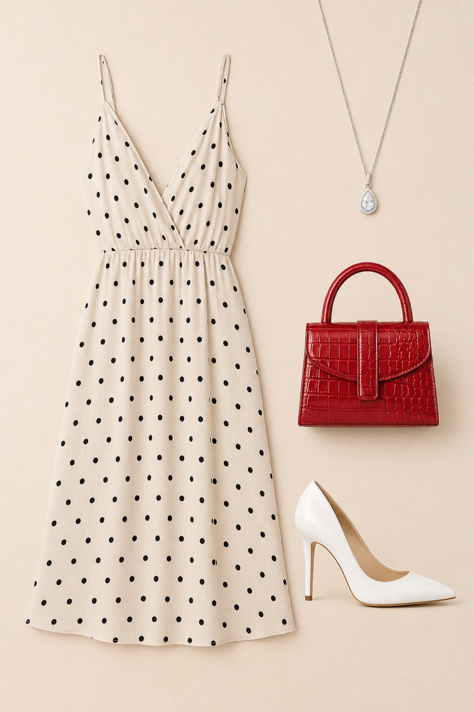 Outfit with BROVAVE Vestido de verano para mujer 2025, casual, bohemio, con lunares, tirantes delgados, cuello en V, vestido midi fluido, Ferragamo Pointed-Toe Stiletto Pump, Red Crocodile Embossed Handbag curated by @dopasnap