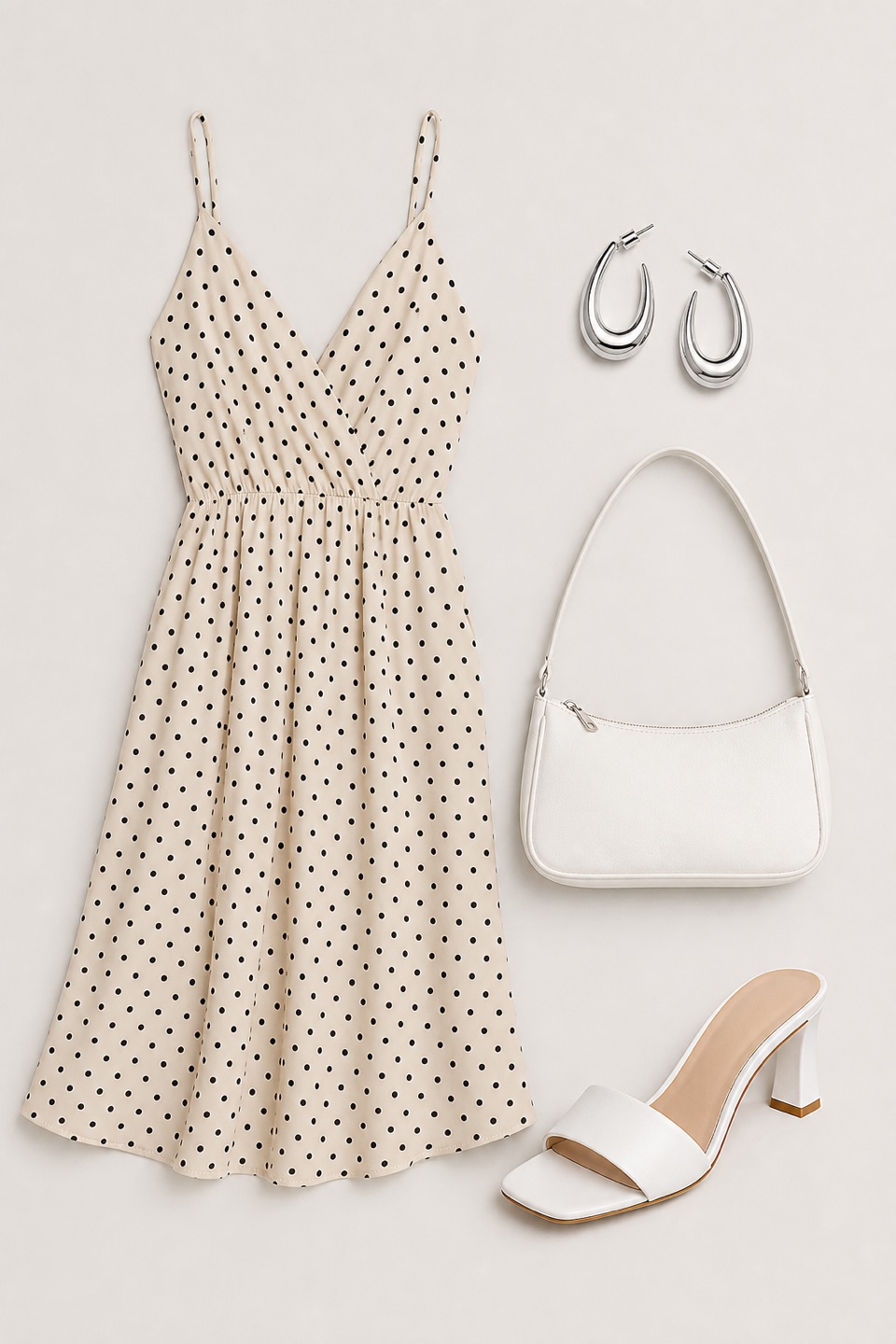 Outfit with BROVAVE Vestido de verano para mujer 2025, casual, bohemio, con lunares, tirantes delgados, cuello en V, vestido midi fluido, White Mule Heels, White Shoulder Bag curated by @dopasnap