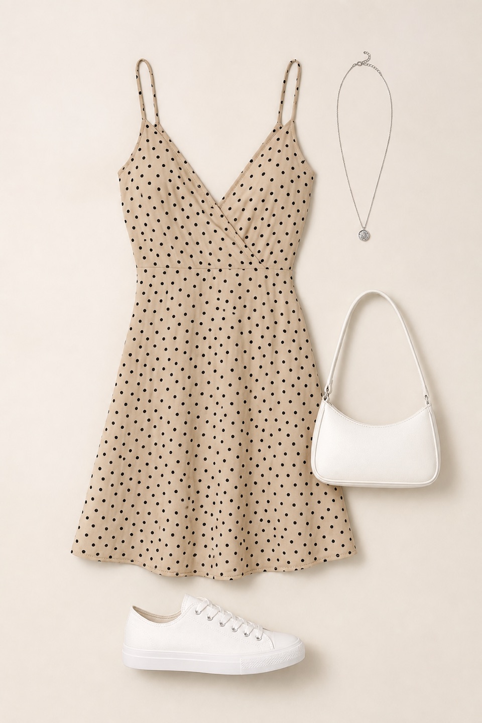 Outfit with BROVAVE Vestido de verano para mujer 2025, casual, bohemio, con lunares, tirantes delgados, cuello en V, vestido midi fluido, White canvas low-top sneaker, White Shoulder Bag curated by @dopasnap
