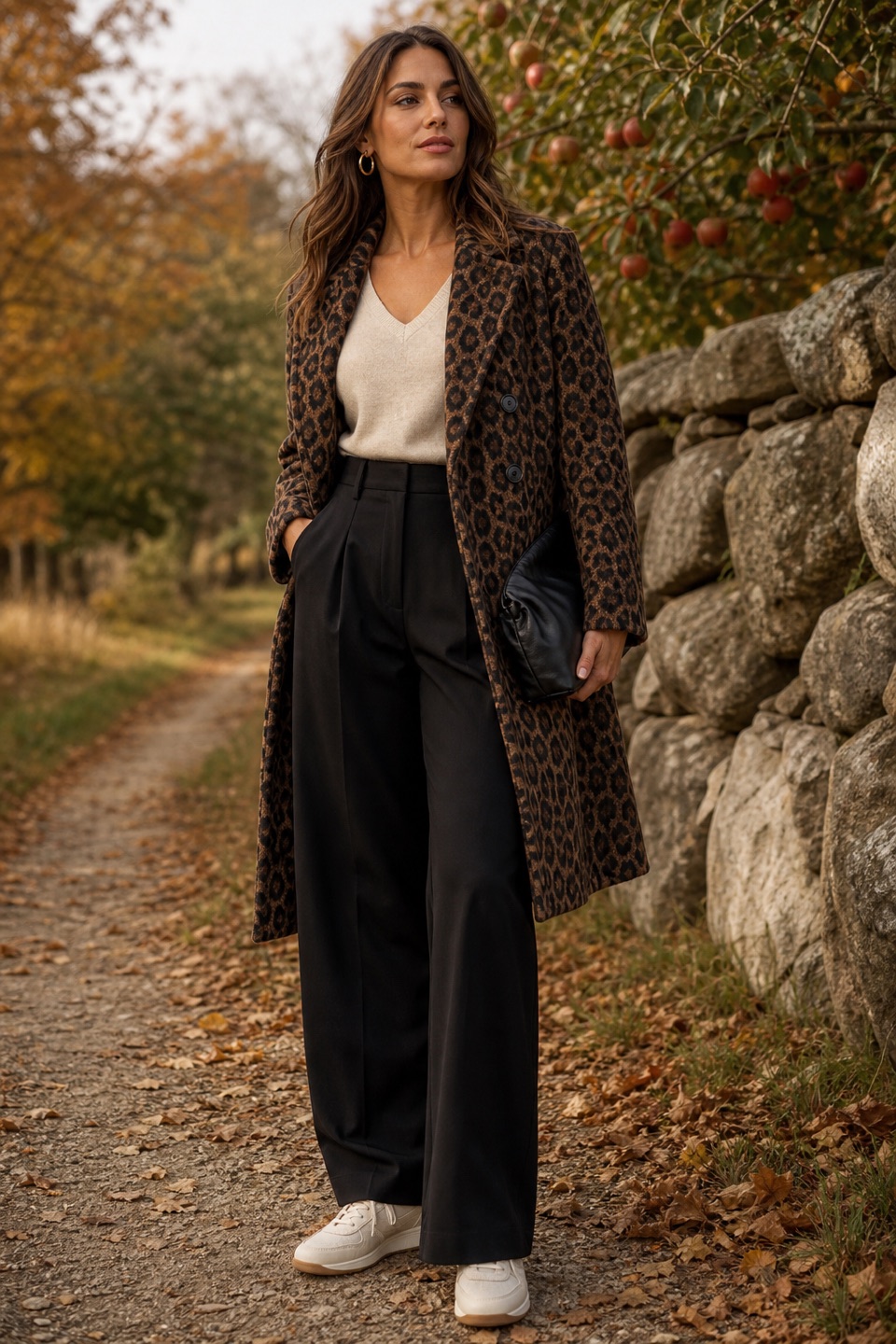 Outfit with V-Neck Tank Top, black tall high-waist wide-leg trousers, Leopard-Print Double-Breasted Long Coat curated by @dopasnap