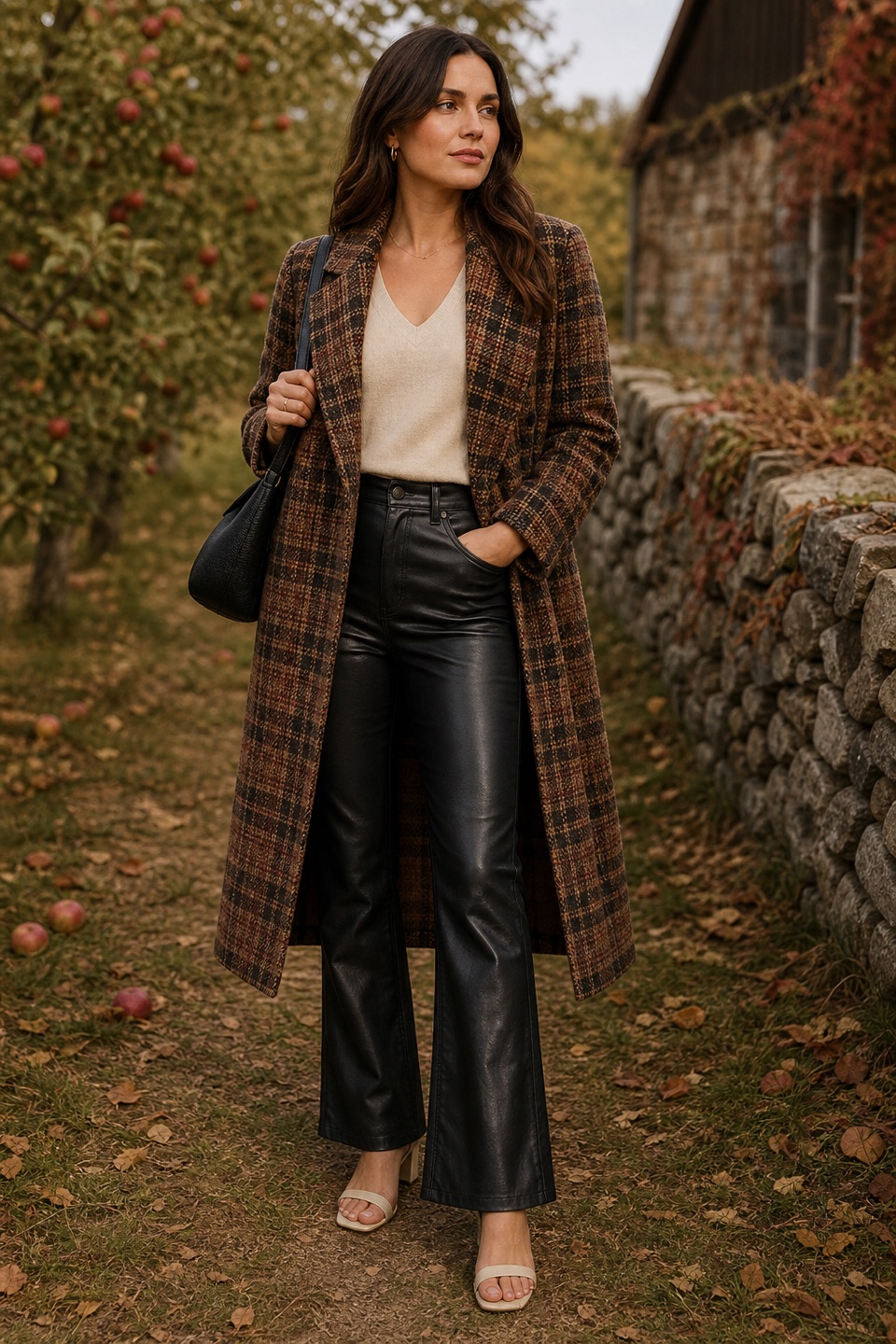 Outfit with V-Neck Tank Top, Black Leather Flare Pants, Brown Plaid Longline Wool-Blend Coat curated by @dopasnap