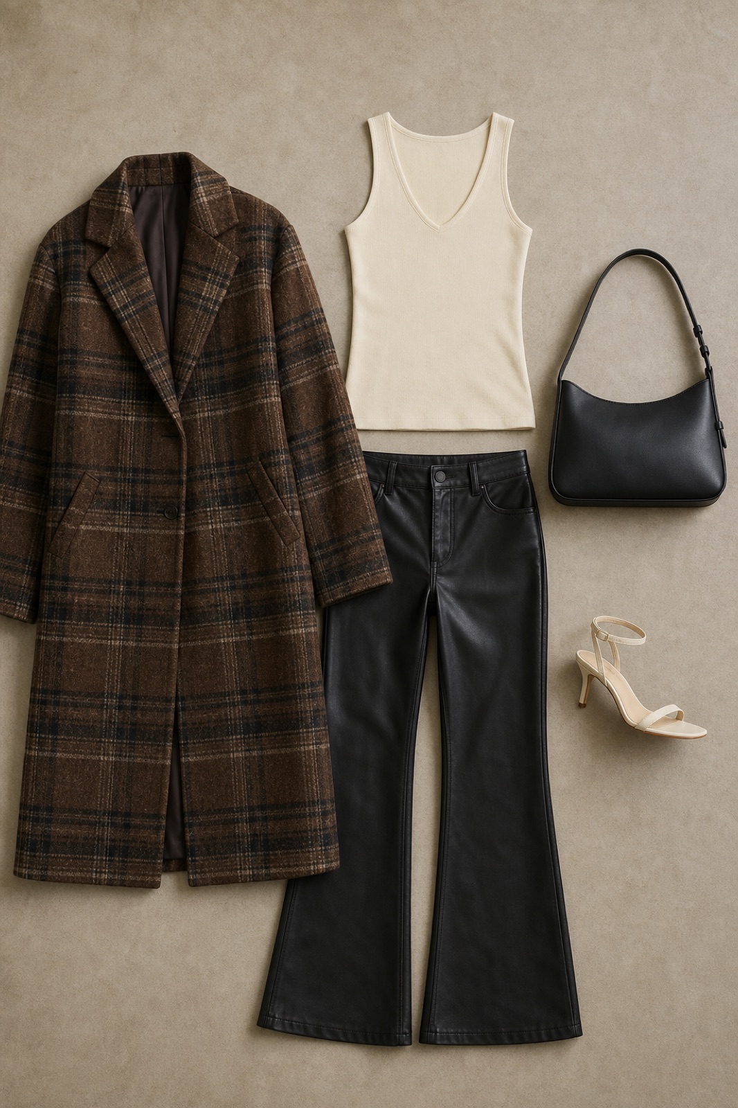 Outfit with V-Neck Tank Top, Black Leather Flare Pants, Brown Plaid Longline Wool-Blend Coat curated by @dopasnap