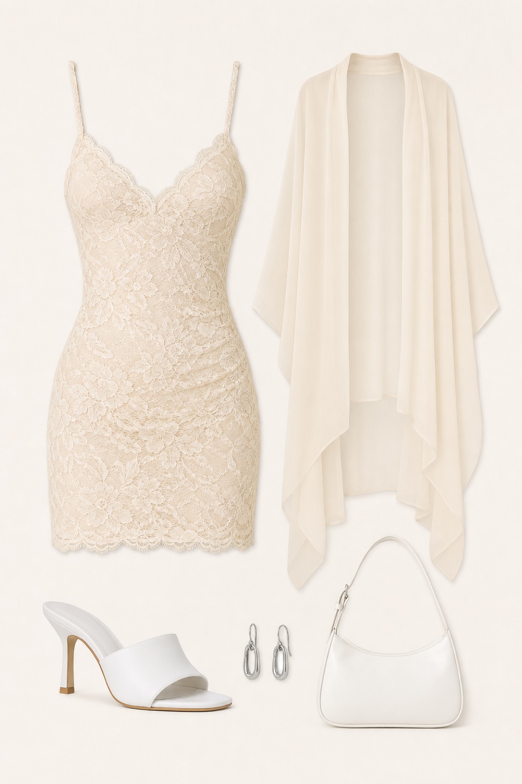 Outfit with SOLY HUX - Vestido mini de verano para mujer con tirantes de encaje floral, ajustado, para fiesta, tipo camisola | Borde de encaje, mini vestido, tirantes delgados, bodycon, fiesta, Hedovan Poncho de gasa para mujer, chal largo de malla transparente, chal alto y bajo, para novia, boda, vestido de noche, White Mule Heels curated by @dopasnap