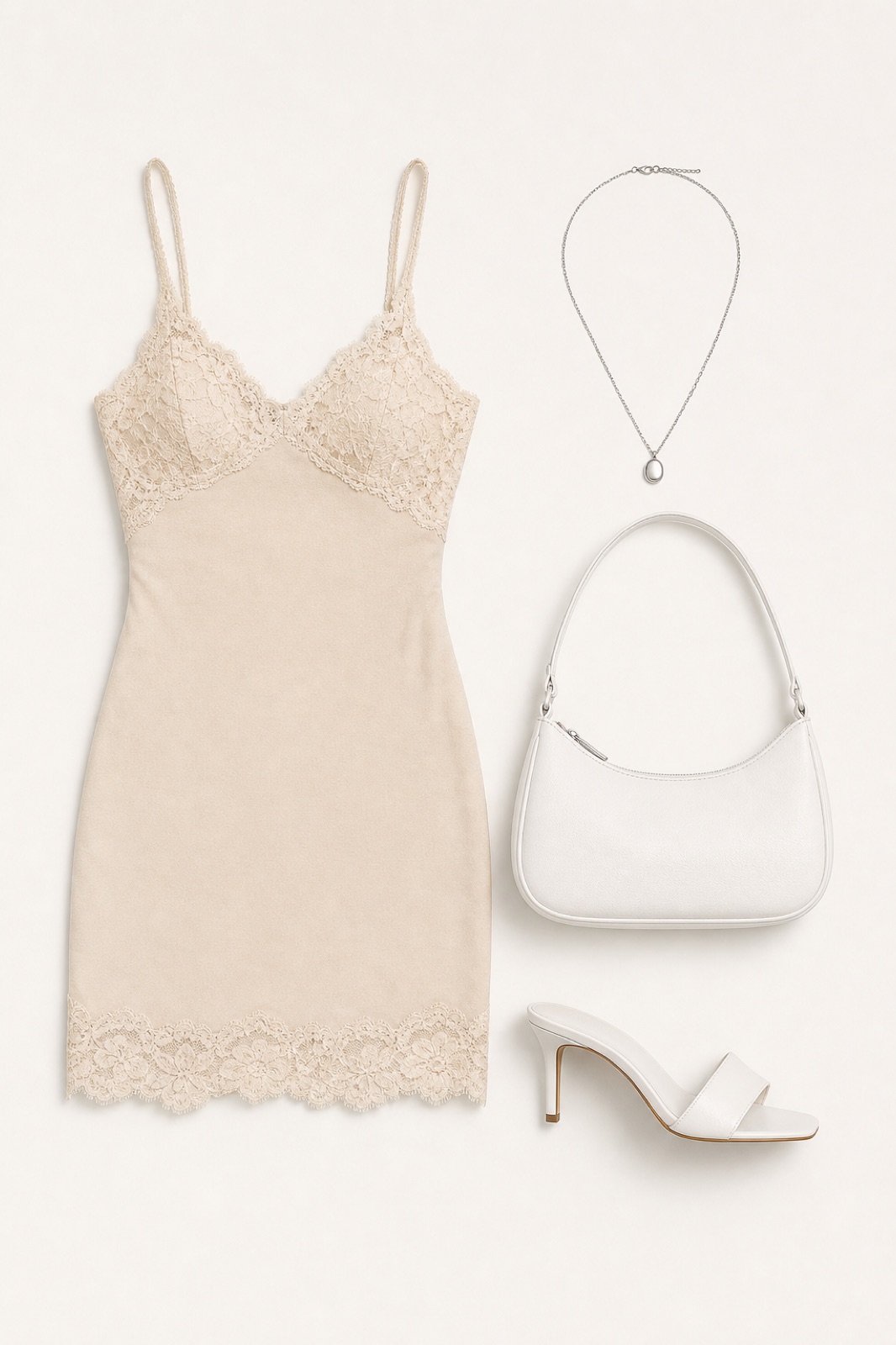 Outfit with SOLY HUX - Vestido mini de verano para mujer con tirantes de encaje floral, ajustado, para fiesta, tipo camisola | Borde de encaje, mini vestido, tirantes delgados, bodycon, fiesta, White Mule Heels, White Shoulder Bag curated by @dopasnap