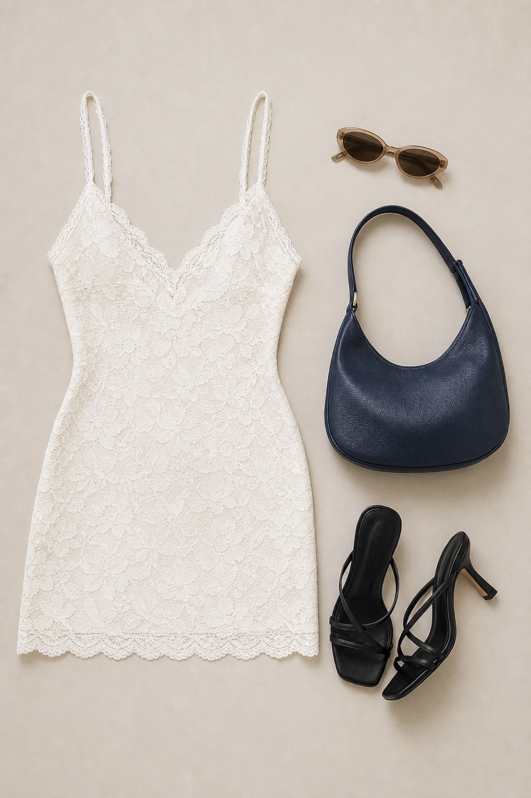Outfit with SOLY HUX - Vestido mini de verano para mujer con tirantes de encaje floral, ajustado, para fiesta, tipo camisola | Borde de encaje, mini vestido, tirantes delgados, bodycon, fiesta, Black strappy leather heel sandals, Navy Hobo Shoulder Bag curated by @dopasnap