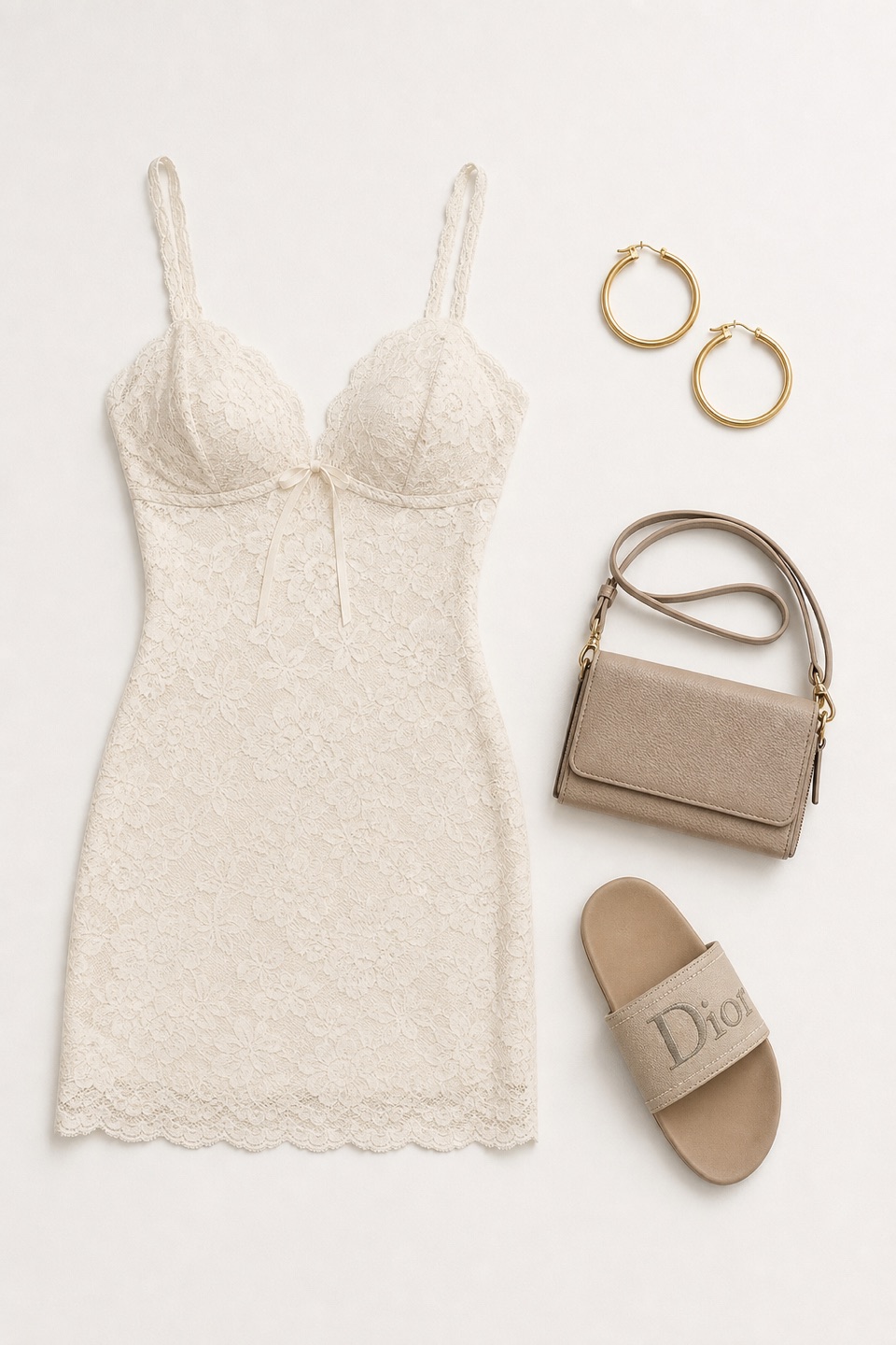Outfit with SOLY HUX - Vestido mini de verano para mujer con tirantes de encaje floral, ajustado, para fiesta, tipo camisola | Borde de encaje, mini vestido, tirantes delgados, bodycon, fiesta, Dioract Slide, Crossbody Wallet Purse curated by @dopasnap