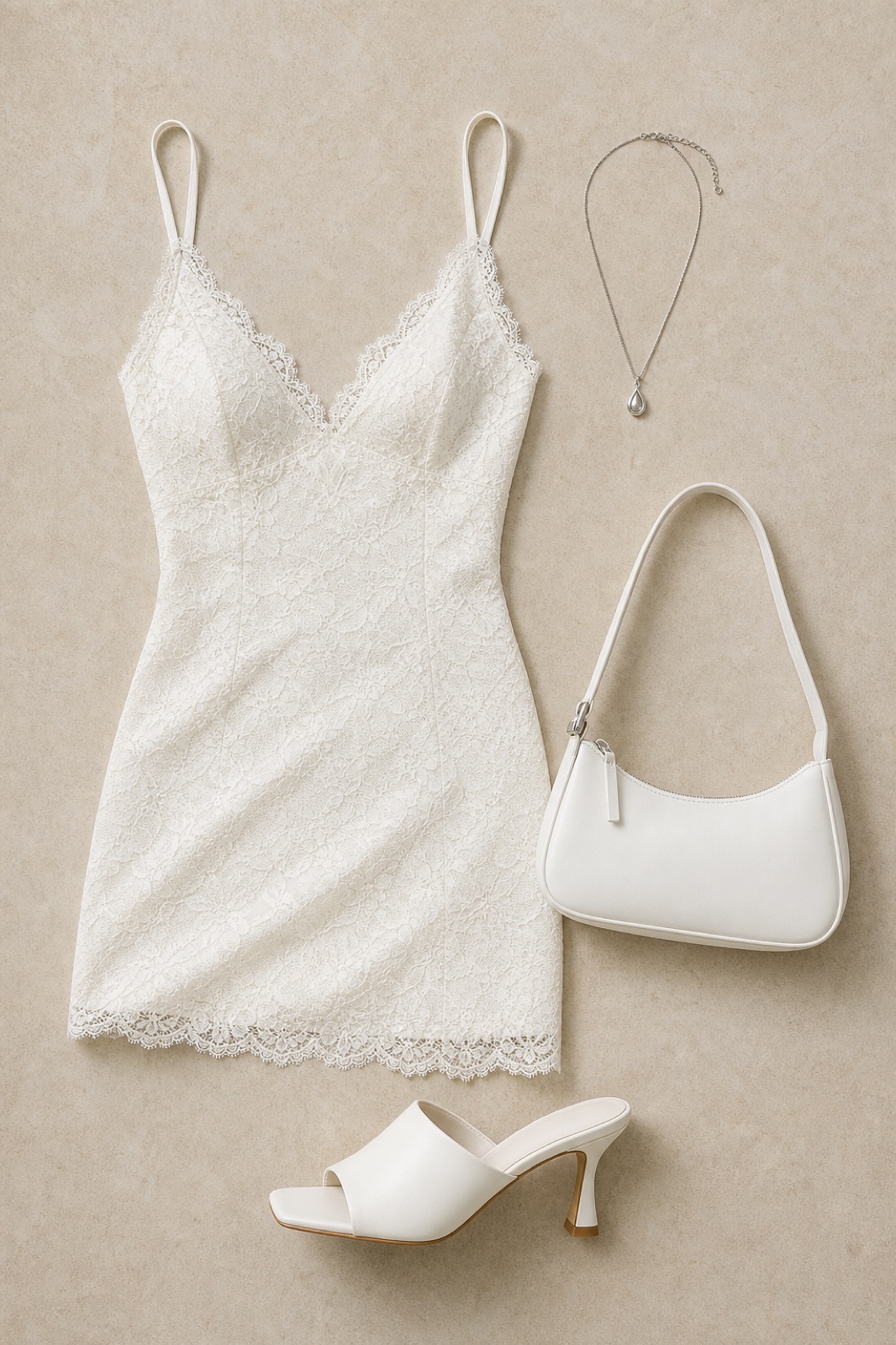 Outfit with SOLY HUX - Vestido mini de verano para mujer con tirantes de encaje floral, ajustado, para fiesta, tipo camisola | Borde de encaje, mini vestido, tirantes delgados, bodycon, fiesta, White Mule Heels, White Shoulder Bag curated by @dopasnap