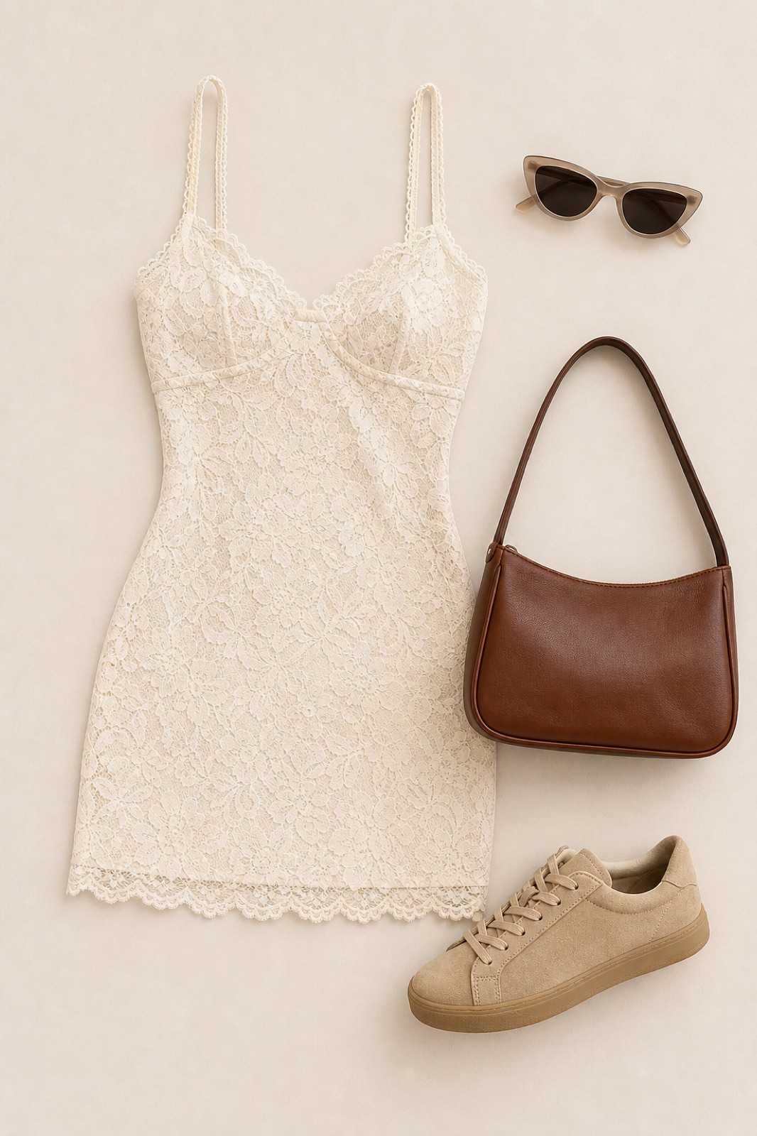 Outfit with SOLY HUX - Vestido mini de verano para mujer con tirantes de encaje floral, ajustado, para fiesta, tipo camisola | Borde de encaje, mini vestido, tirantes delgados, bodycon, fiesta, Suede Low-Top Sneaker, Brown Leather Handbag curated by @dopasnap
