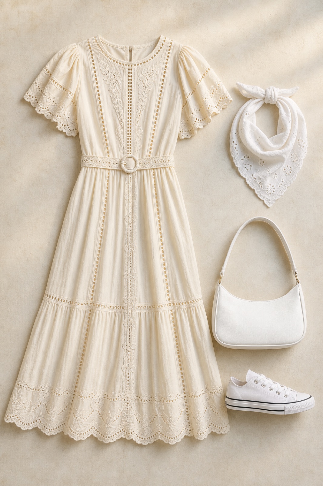 Outfit with Zimmermann Daylight Dress, White canvas low-top sneaker, White Shoulder Bag curated by @dopasnap