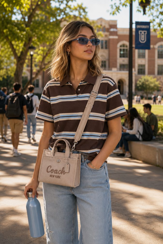 Outfit with Striped Polo Tee, Straight-Leg Jeans, Canvas Tote Bag curated by @quadfits
