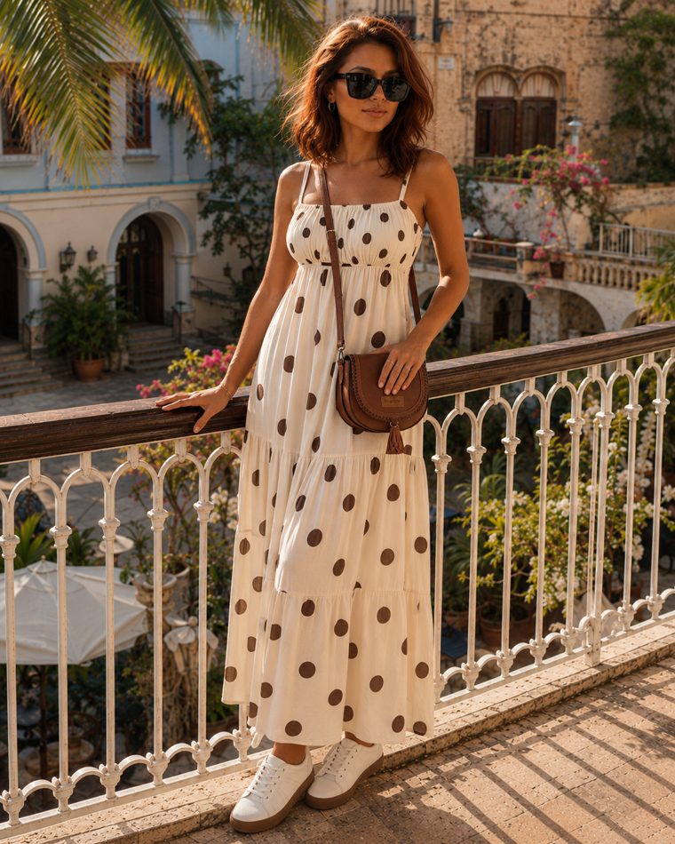 Outfit with Polka Dot Maxi Dress, Crossbody Saddle Bag, White Lace-Up Sneakers curated by @sun.dot