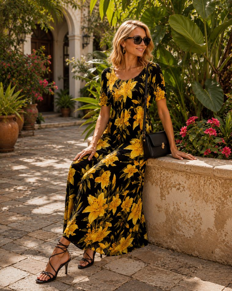 Outfit with Floral Maxi Dress, Black & Gold Hoop Earrings, Black Shoulder Bag curated by @lily.noir