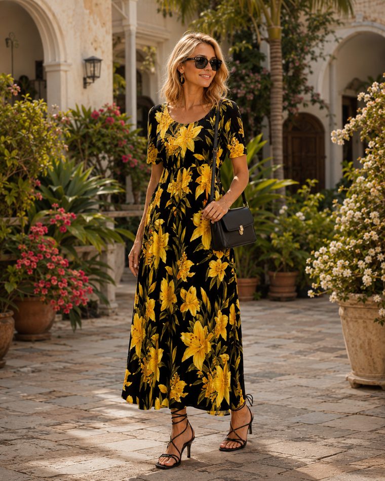 Outfit with Floral Maxi Dress, Black & Gold Hoop Earrings, Black Shoulder Bag curated by @lily.noir