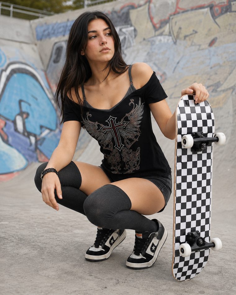 Outfit with Graphic Cami Top, Black Denim Shorts, Striped Thigh-High Socks curated by @curbwax