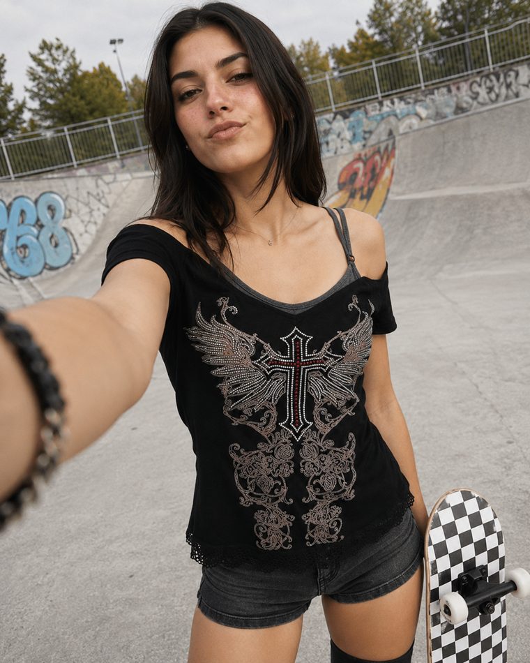 Outfit with Graphic Cami Top, Black Denim Shorts, Striped Thigh-High Socks curated by @curbwax