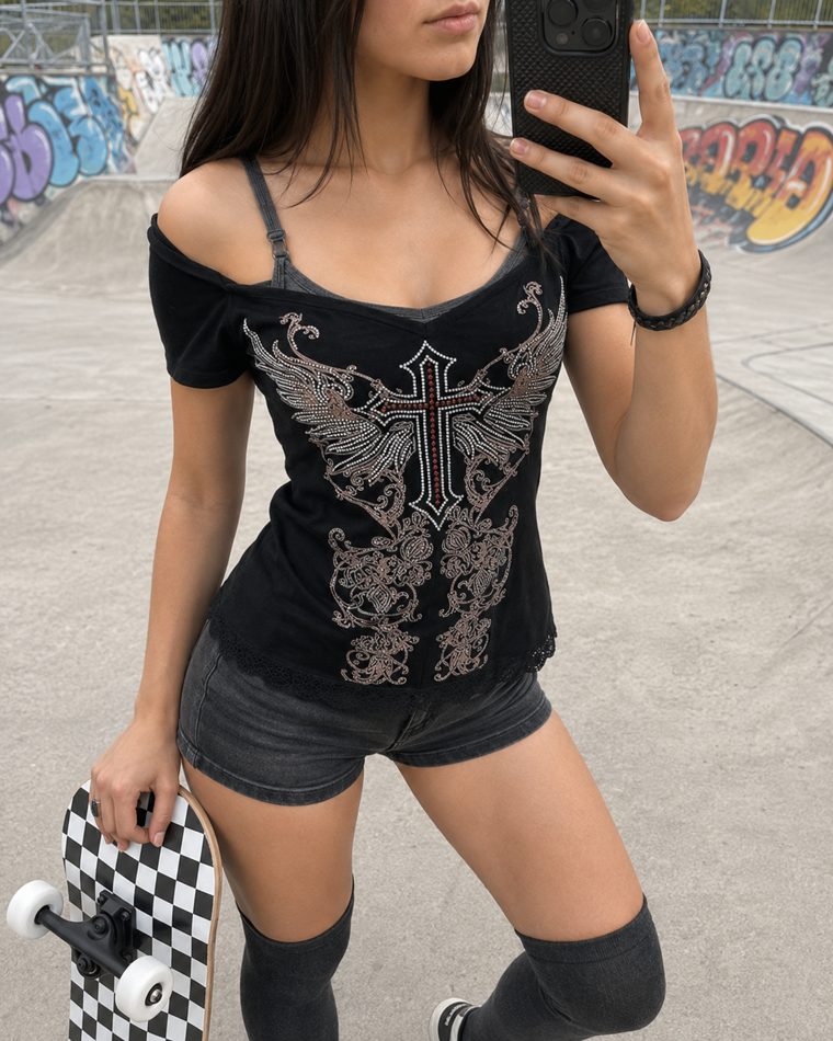 Outfit with Graphic Cami Top, Black Denim Shorts, Striped Thigh-High Socks curated by @curbwax