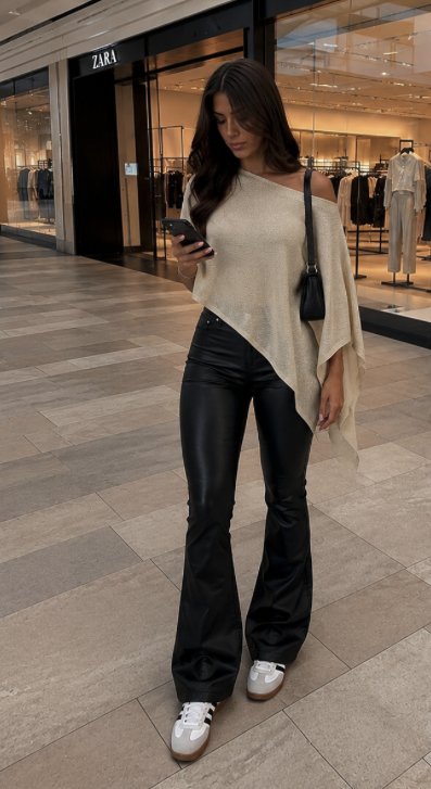 Outfit with Off-Shoulder Knit Top, Black Leather Flare Pants, White Sneakers curated by @lux.wander