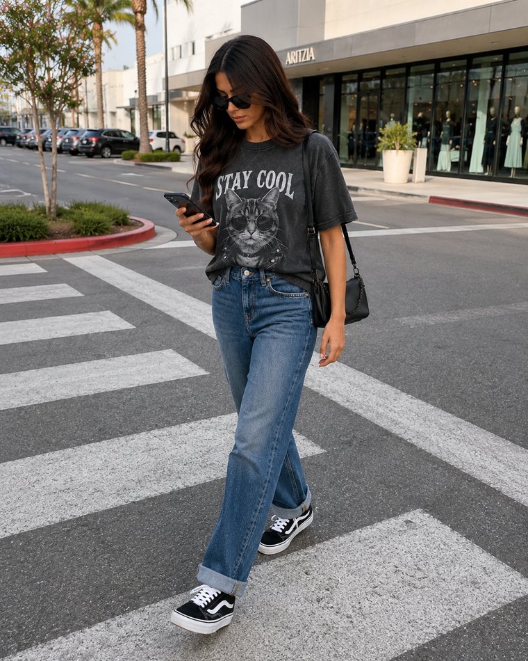 Outfit with Cat Graphic Tee, Relaxed Straight Jeans, Black & White Sneakers curated by @cool.cat.fits