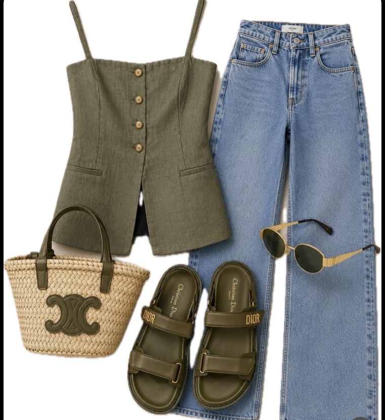 Outfit with Fancy vest Olive green, Cowboy boot jeans, Dioract Slide curated by @dopasnap