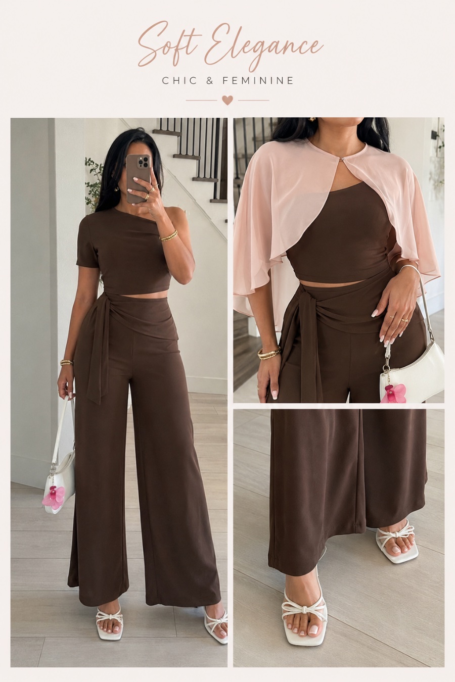 Outfit with Chiffon Cape Shrug, White Shoulder Bag, Wide-Leg Trousers curated by @dopasnap