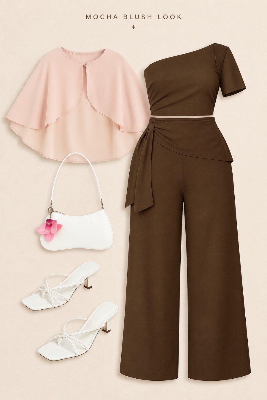 Outfit with Chiffon Cape Shrug, White Shoulder Bag, Wide-Leg Trousers curated by @dopasnap