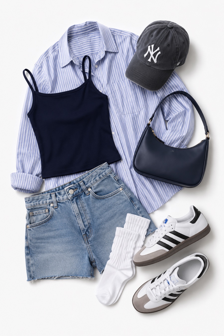 Outfit with Navy Hobo Shoulder Bag, Navy Camisole Tank Top, White and Black Sneaker curated by @dopasnap