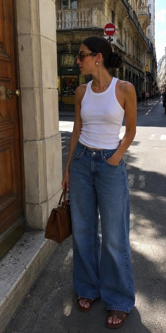 Outfit with Leather Slide Sandals, White Tank Top, Brown Leather Handbag curated by @dopasnap_roma