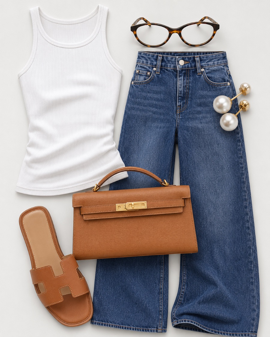 Outfit with Leather Slide Sandals, White Tank Top, Brown Leather Handbag curated by @dopasnap_roma