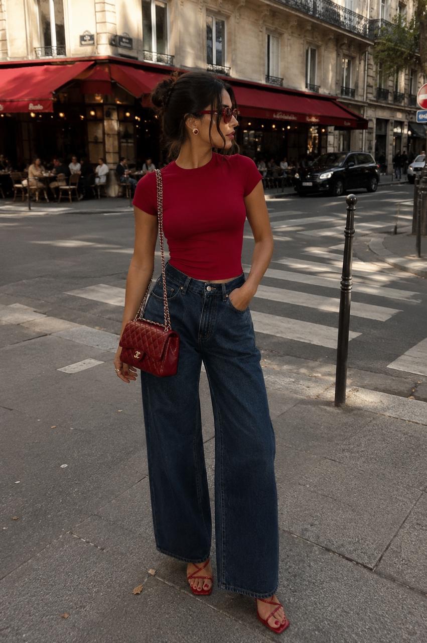Outfit with red crew neck short sleeve fitted t-shirt, dark blue wide-leg denim jeans, red quilted leather chain shoulder bag curated by @dopasnap