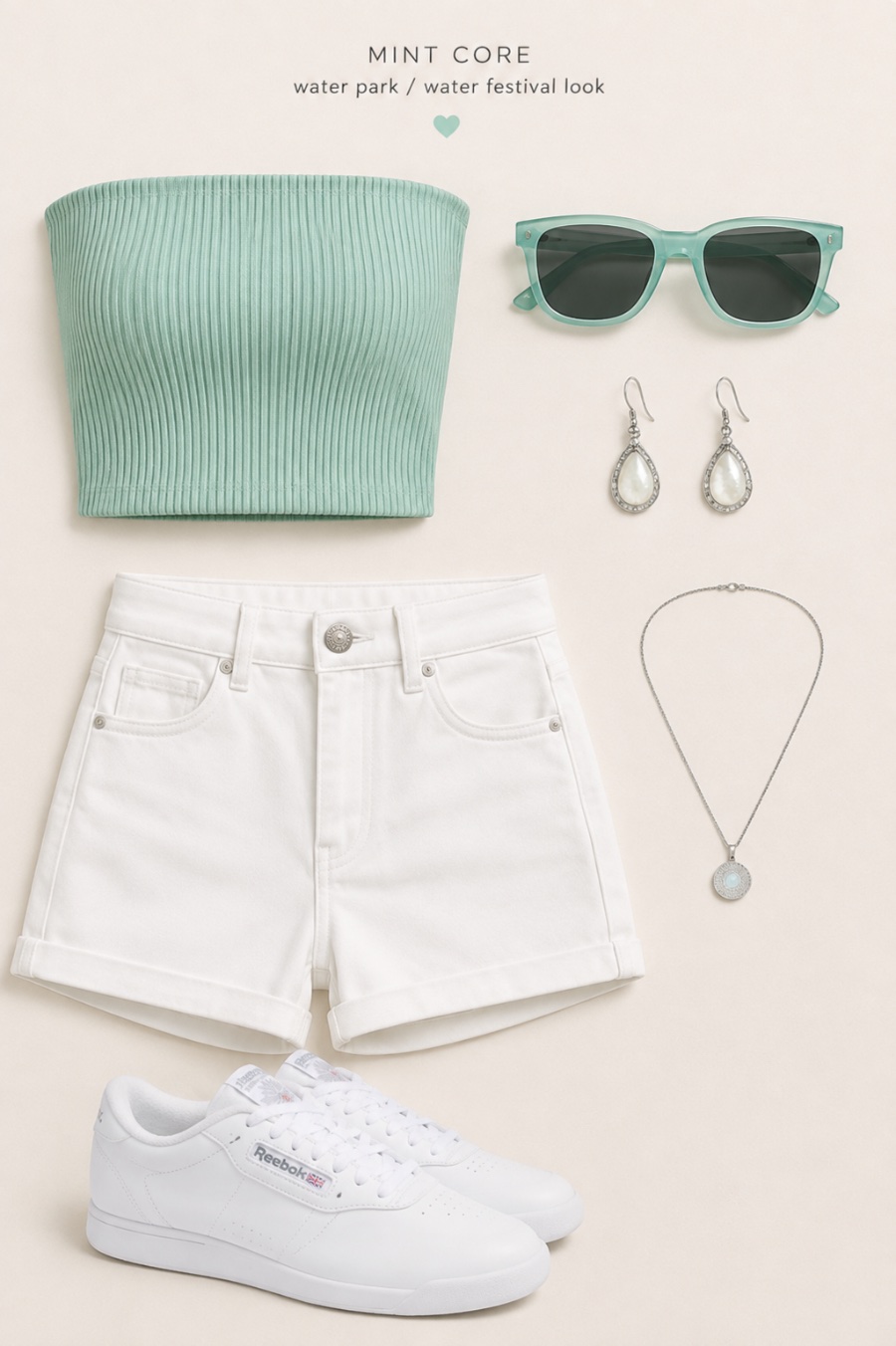 Outfit with Mint green ribbed strapless crop top, White denim high-waisted shorts, Mint green square frame sunglasses curated by @dopasnap