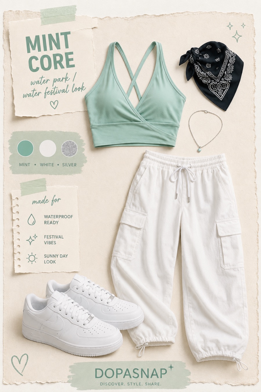 Outfit with Mint green halter wrap crop top, White cargo pants with side pockets, White platform sneakers curated by @dopasnapKR