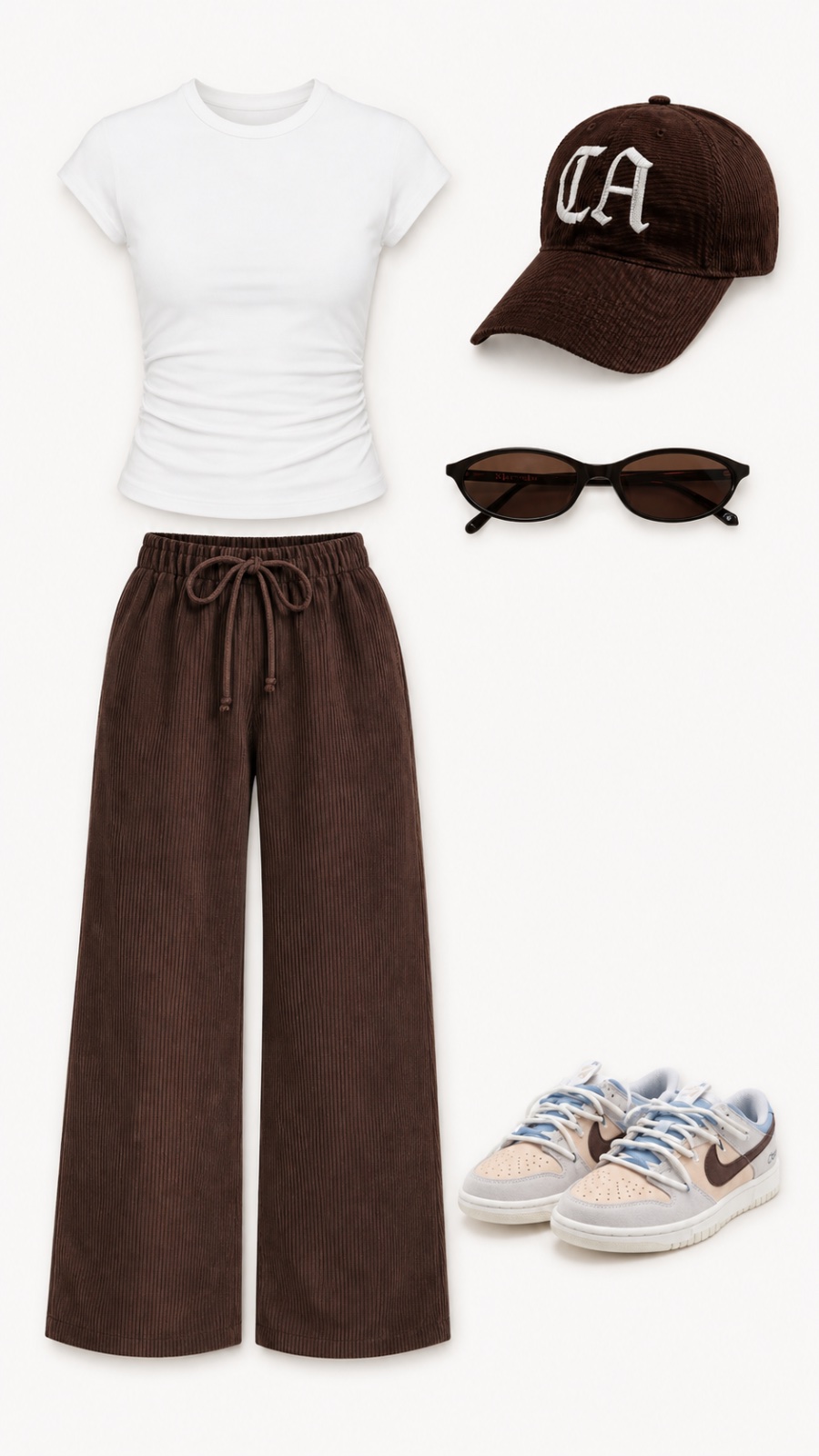 Outfit with White ruched sleeveless crop tank top, Brown ribbed wide-leg drawstring pants, Dark brown ca embroidered baseball cap curated by @LAdopasnap