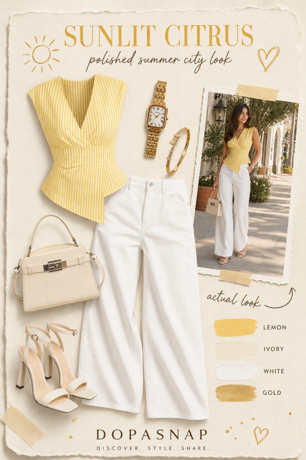 Outfit with Yellow and white vertical striped wrap blouse, Low-rise baggy jeans for women, loose denim pants, Cream leather minimal strap heeled sandal curated by @dopasnap