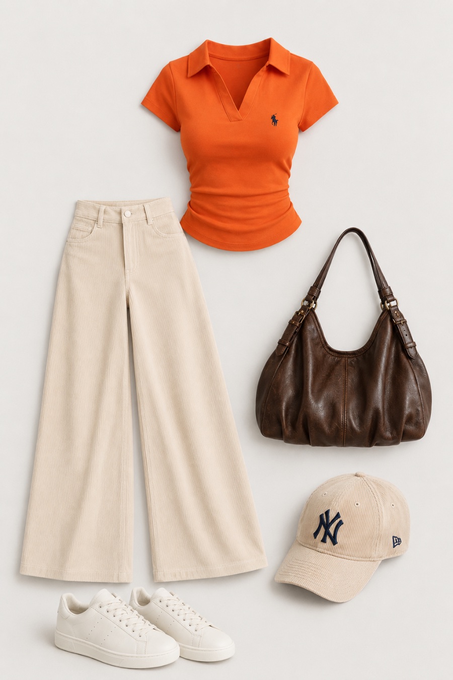 Outfit with Orange short-sleeve polo shirt with embroidered palm logo, Cream ribbed high-waisted wide-leg jeans, Brown leather hobo shoulder bag curated by @dopasnapNYC