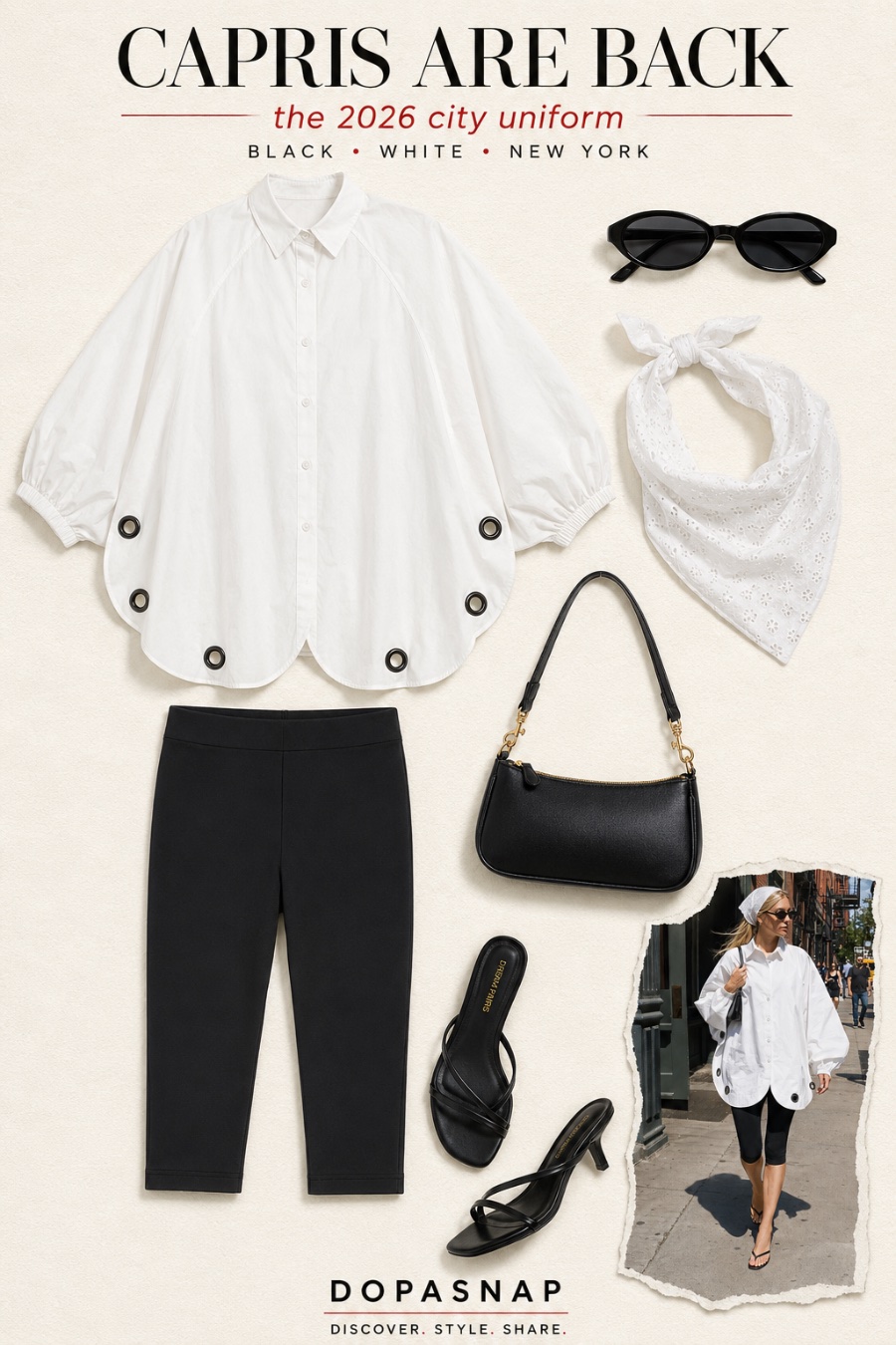 Outfit with Black oval frame dark tinted sunglasses, Black leather shoulder bag with gold chain hardware, White eyelet cotton scarf bandana curated by @dopasnapNYC
