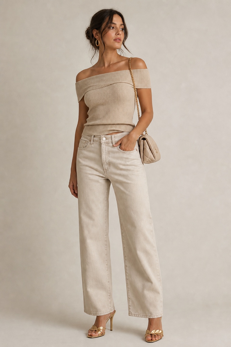 Outfit with Off-Shoulder Knit Top, Relaxed Straight Jeans, gold leaf strappy stiletto heels curated by @dopasnap