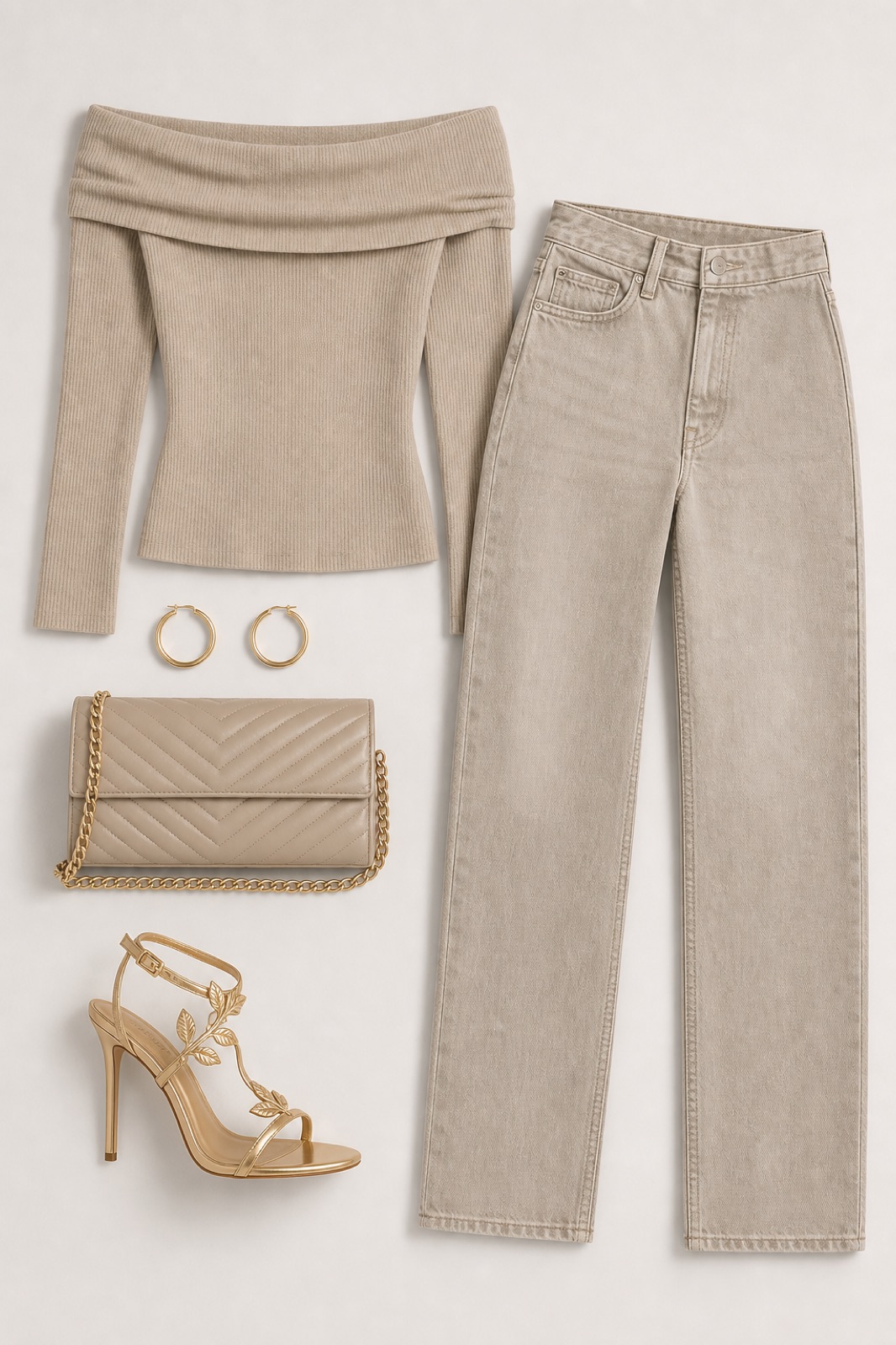 Outfit with Off-Shoulder Knit Top, Relaxed Straight Jeans, gold leaf strappy stiletto heels curated by @dopasnap