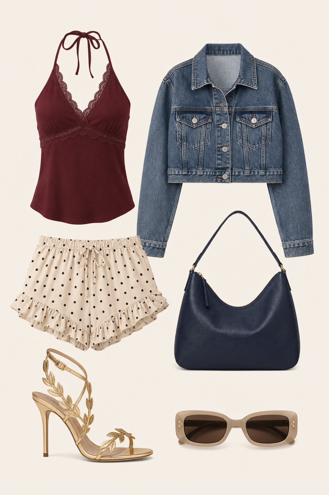 Outfit with burgundy lace trim halter camisole top, Polka Dot Ruffle Shorts, Cropped Denim Jacket curated by @dopasnap