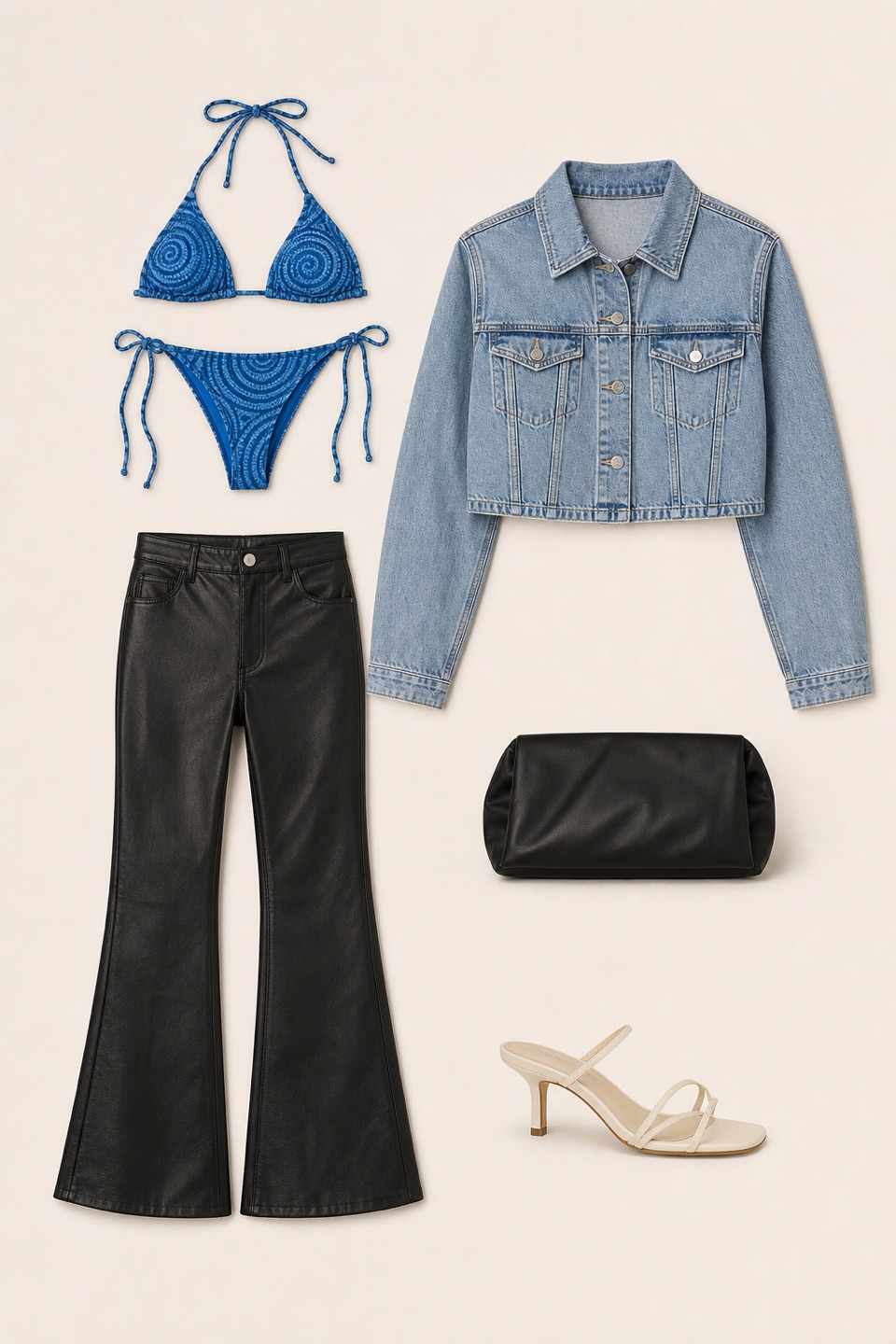 Outfit with blue spiral print bikini set, Black Leather Flare Pants, Cropped Denim Jacket curated by @dopasnap